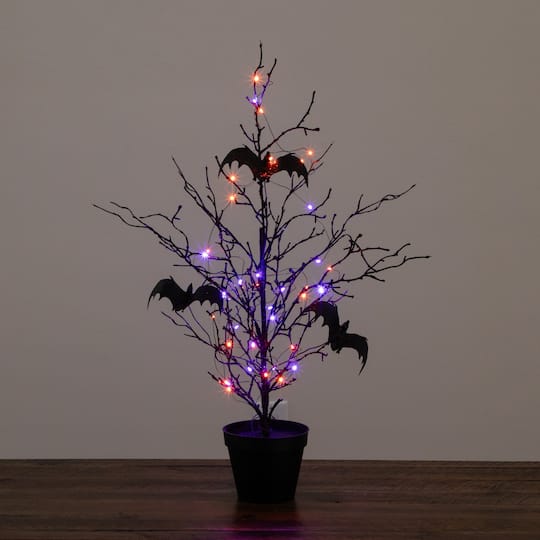 2ft. Pre-Lit Artificial Black Spooky Twig Tree with Bats and 40 Orange & Purple LED Lights